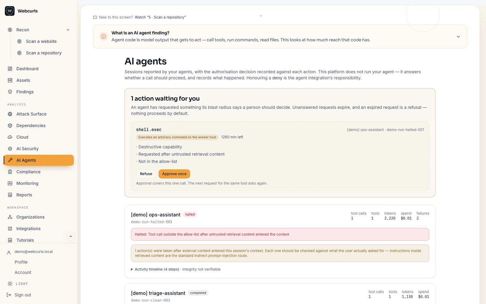 The AI agents page listing recorded agent sessions.