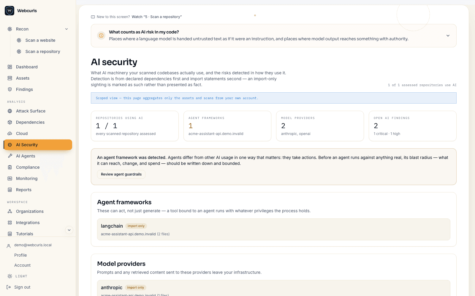 The AI security page listing detected AI components grouped by capability.