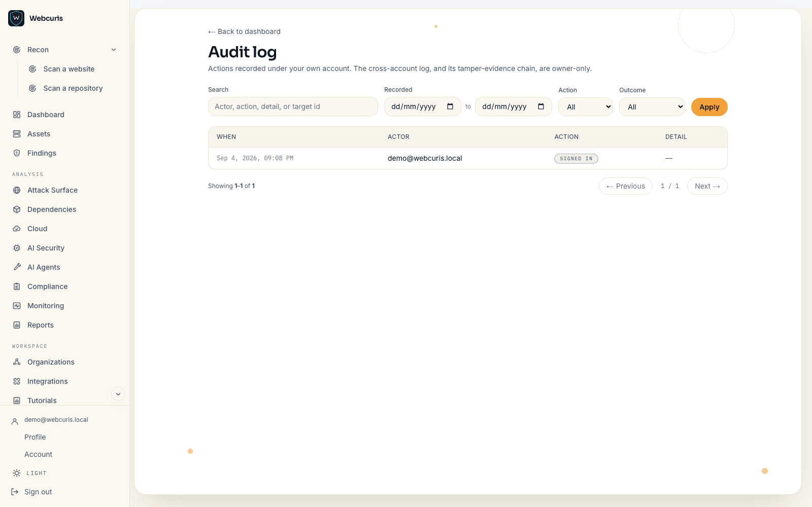 The audit log listing account events with actor and timestamp.