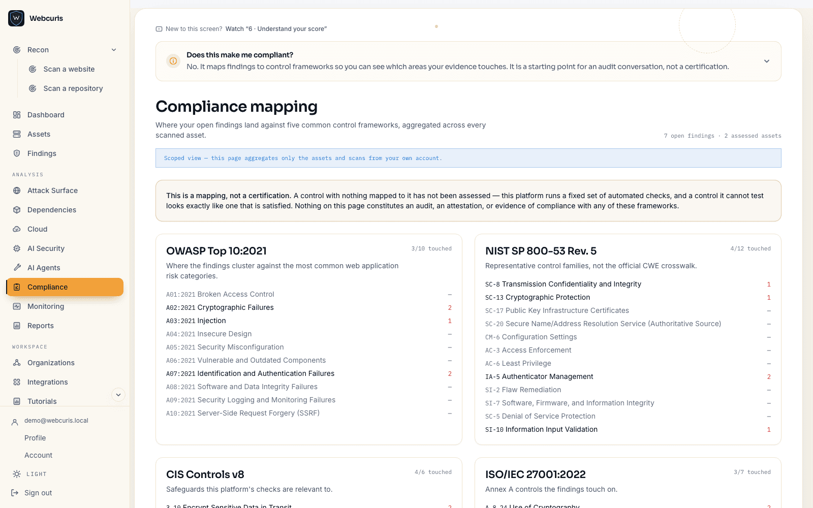 The compliance page mapping findings onto framework control areas.