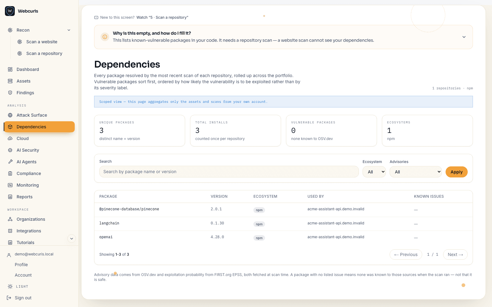 The dependencies page listing packages with their versions and matched advisories.