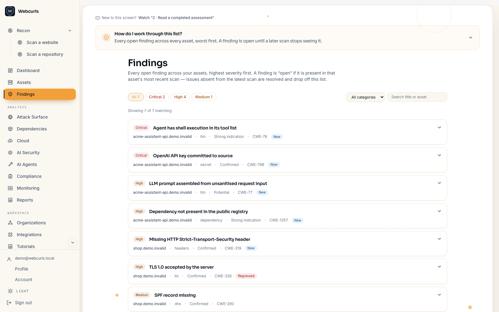The findings list, with severity, confidence and the asset each finding belongs to.