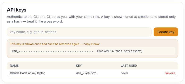 The API keys card on the account page: a name field and Create key button, the newly created key shown once in an orange box (masked here), and a table listing the key by name with its first characters, last used, and a Revoke link.