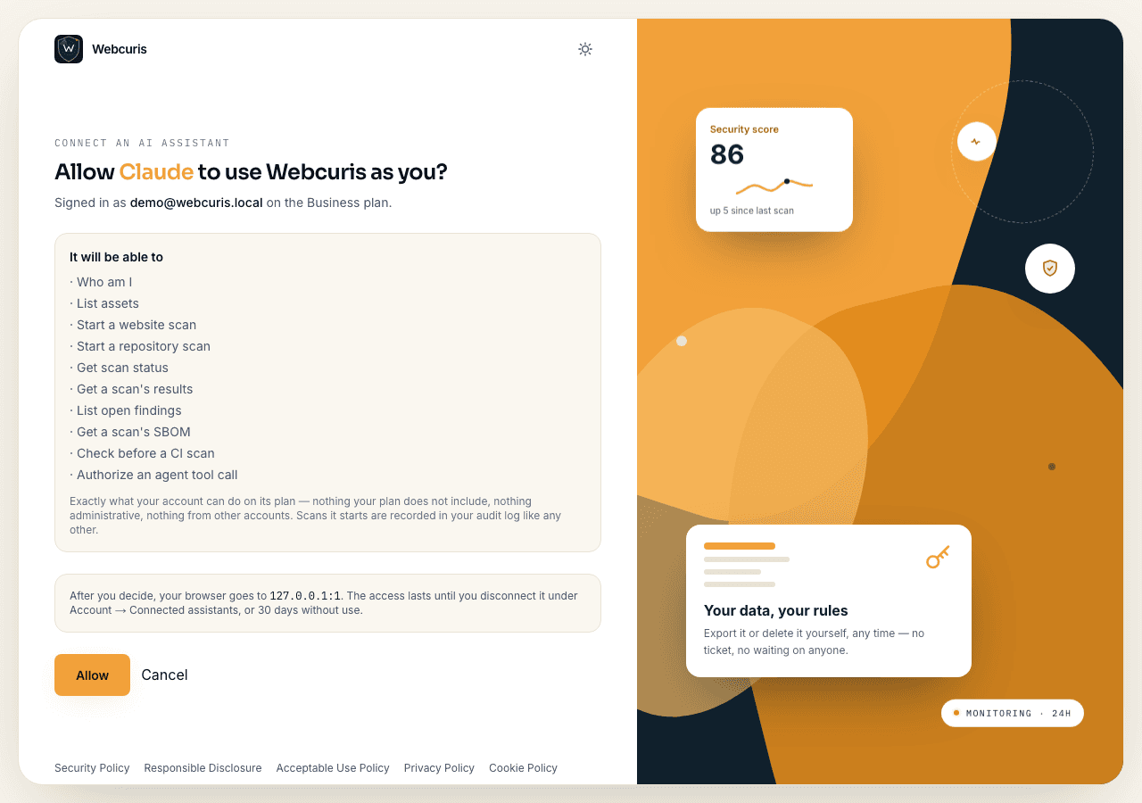 The approval page: 'Allow Claude to use Webcuris as you?', the account and plan it is signed in as, a list of the ten things the assistant will be able to do, the address the browser returns to, and Allow and Cancel buttons.