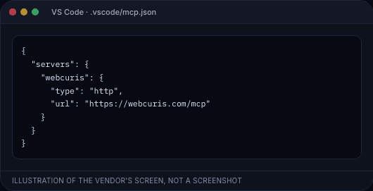 VS Code's .vscode/mcp.json with a webcuris server of type http and the Webcuris MCP address.