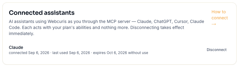 The Connected assistants card on the account page listing Claude, when it was connected and last used, when it expires without use, and a Disconnect button.