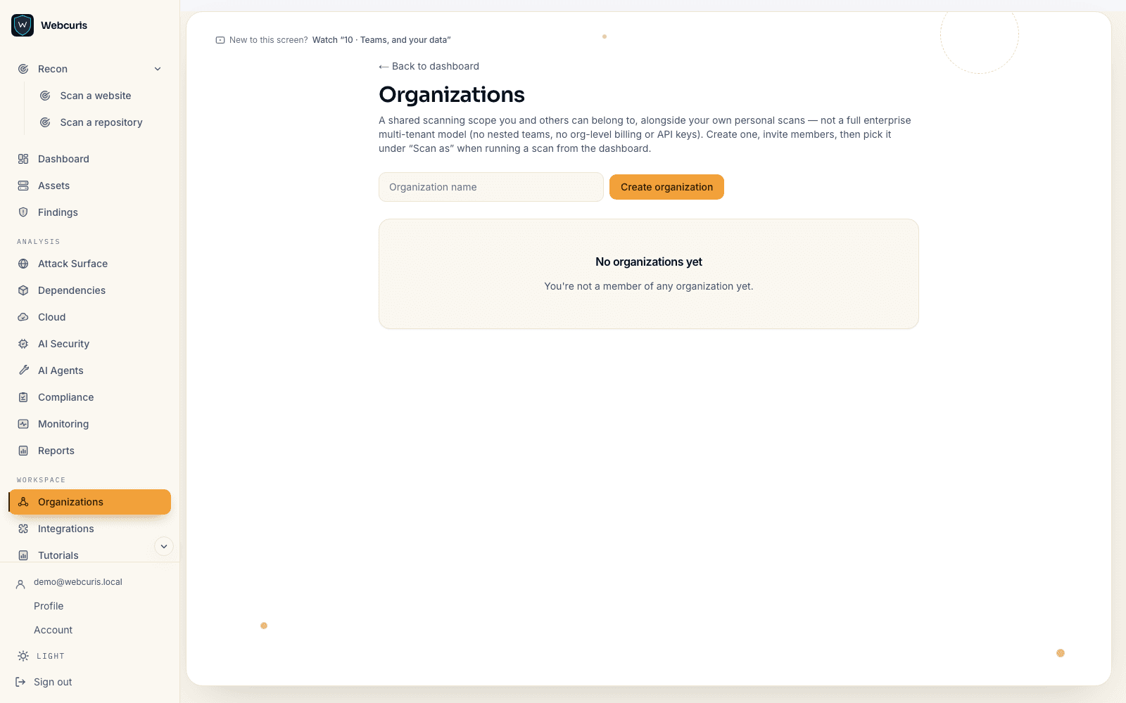 The organizations page with members and their roles.