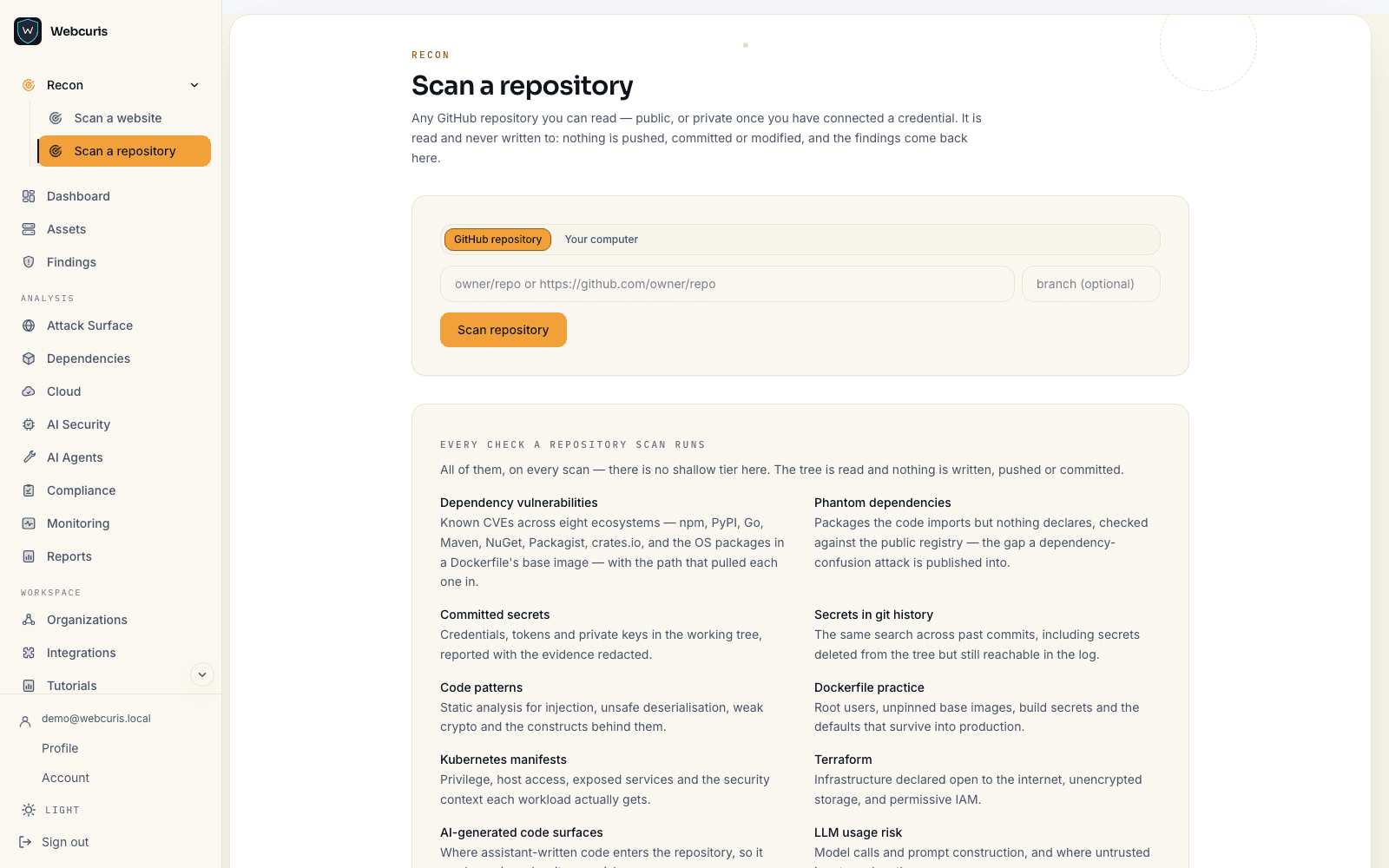 The repository scan page with the connected-repository option and the local-scan option side by side.