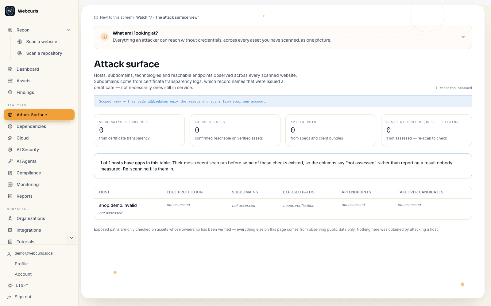 The attack surface table listing hosts with their technologies, certificates and origin protection.