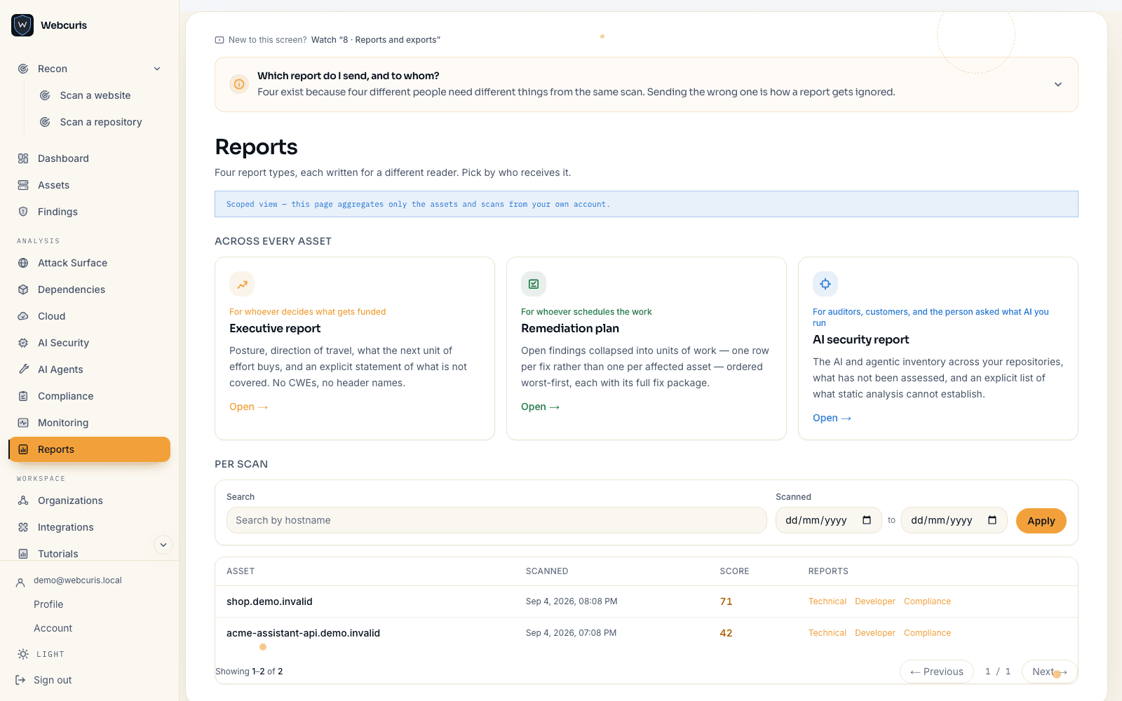 The reports page showing the available report types.