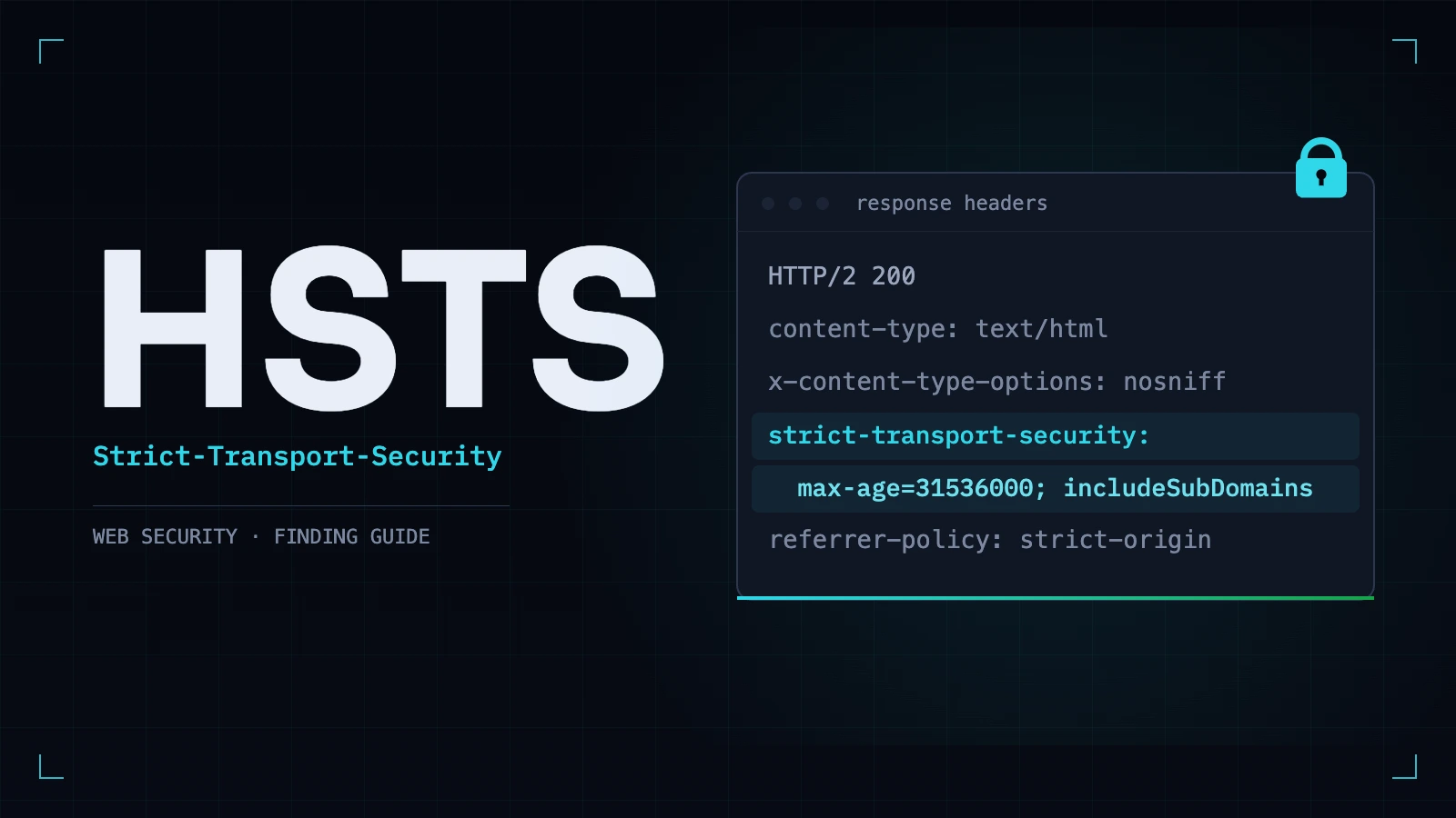 The letters HSTS beside a response-header readout with the Strict-Transport-Security line highlighted