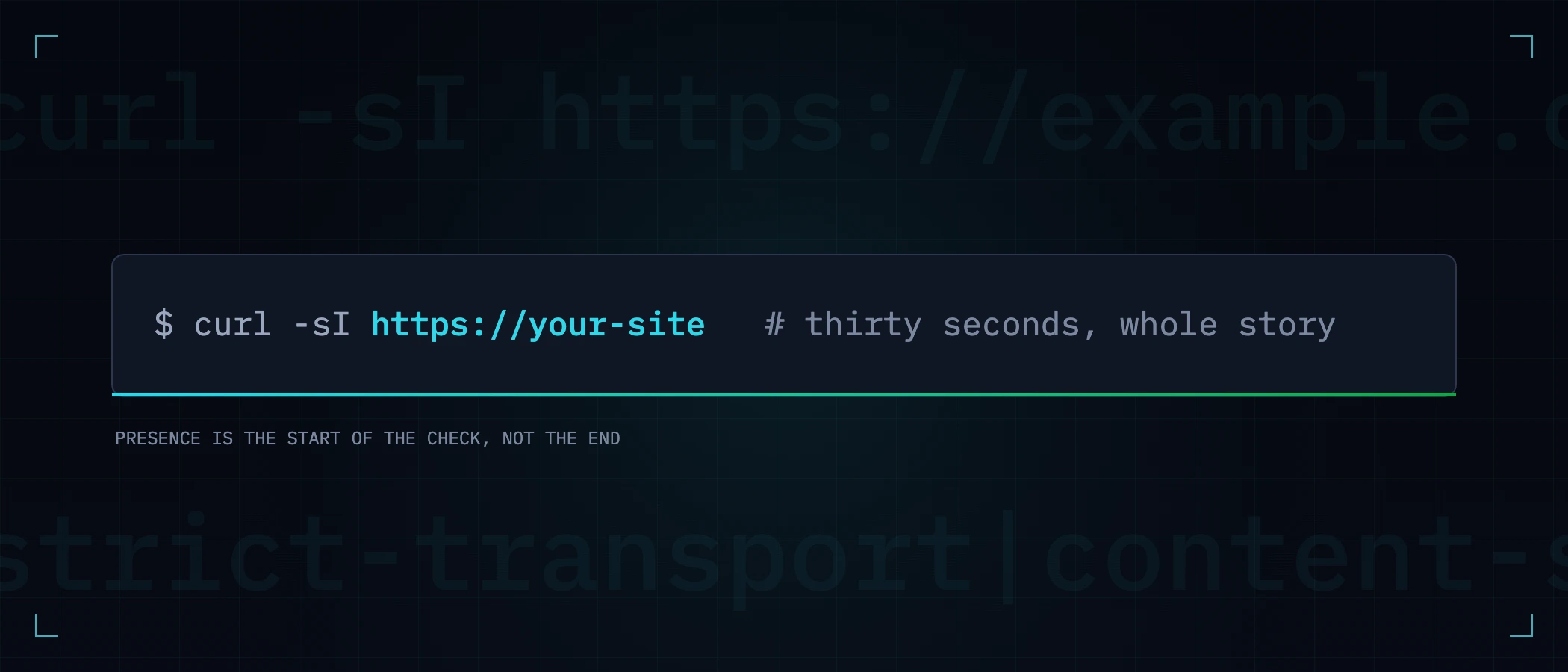 A terminal row: curl -sI https://your-site — thirty seconds, whole story
