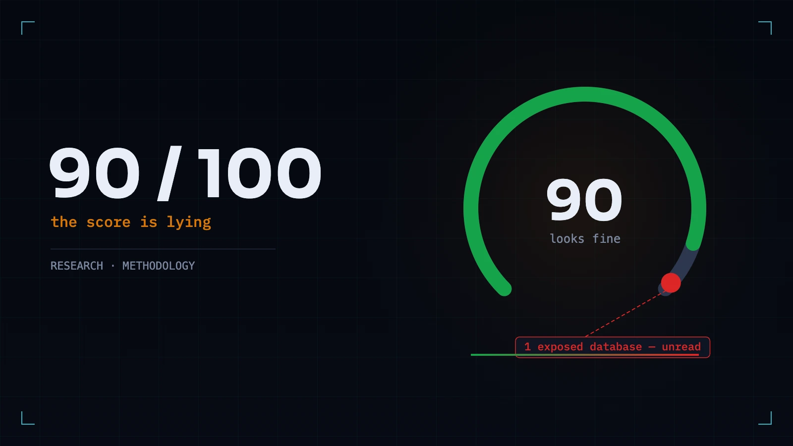 A security gauge reading 90 out of 100 labelled 'looks fine', with a red marker on the ring called out as one exposed database, unread